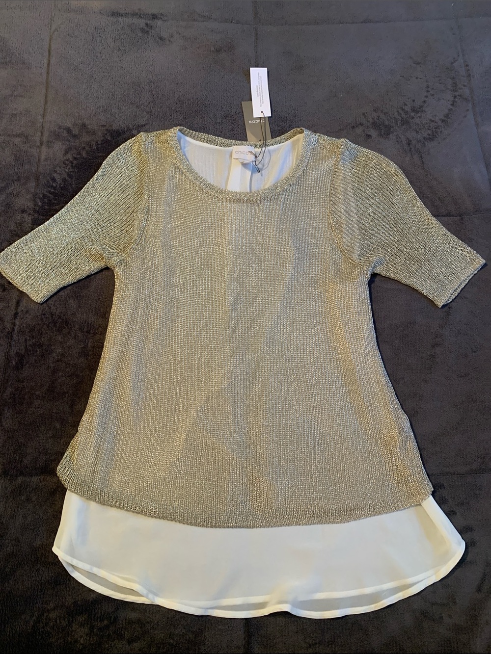 Chico's Metallic Gold Knit Tunic with White Hem Detail